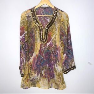 Adrienne Vittadini Semi Sheer Embellished Long Line Tunic Top Size Small